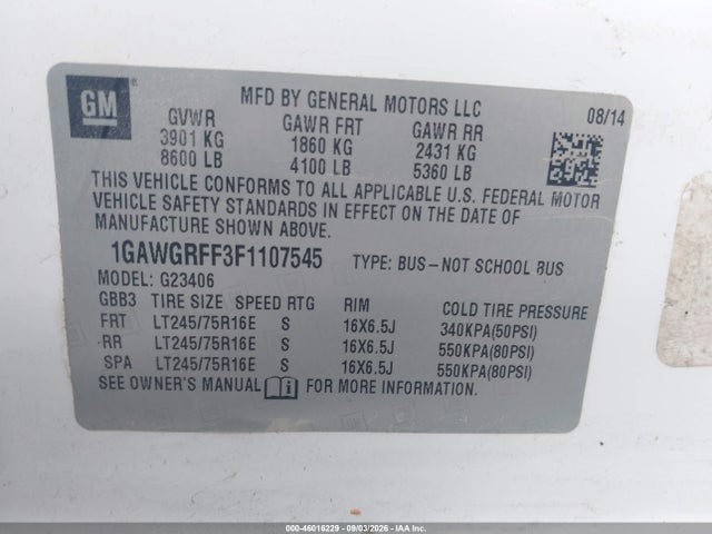 Aukcja sprzedaży 2015 Chevrolet Express 2500 Lt, vin: 1GAWGRFF3F1107545, numer aukcji: 46016229