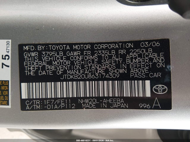 2006 Toyota Prius მანქანა იყიდება აუქციონზე, vin: JTDKB20U863174309, აუქციონის ნომერი: 46016231