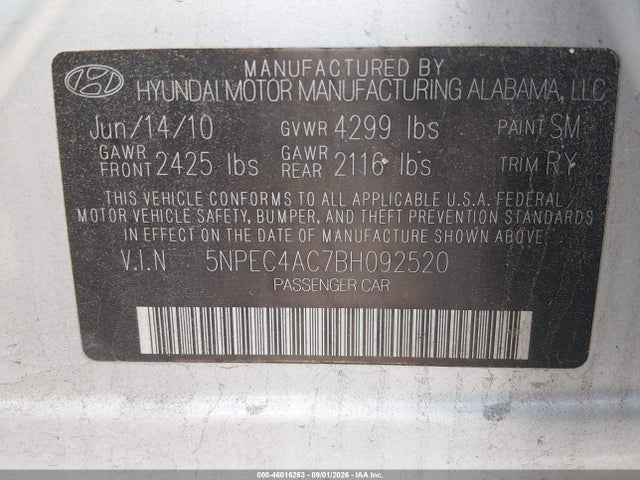 Продаж на аукціоні авто 2011 Hyundai Sonata Limited, vin: 5NPEC4AC7BH092520, номер лоту: 46016263