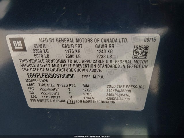 2016 Chevrolet Equinox Lt მანქანა იყიდება აუქციონზე, vin: 2GNFLFEK5G6130850, აუქციონის ნომერი: 46016269