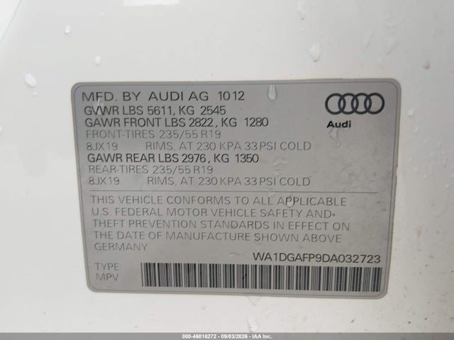 2013 Audi Q5 3.0t Premium Plus მანქანა იყიდება აუქციონზე, vin: WA1DGAFP9DA032723, აუქციონის ნომერი: 46016272