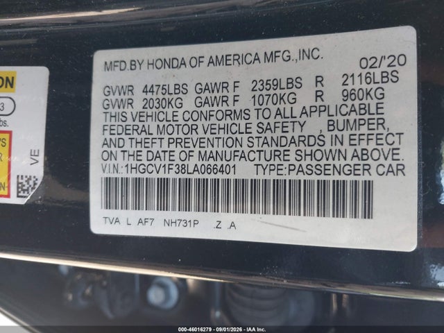 Aukcja sprzedaży 2020 Honda Accord Sport, vin: 1HGCV1F38LA066401, numer aukcji: 46016279