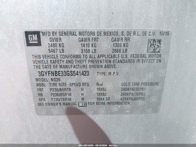 Aukcja sprzedaży 2016 Cadillac Srx Luxury Collection, vin: 3GYFNBE33GS541423, numer aukcji: 46016280