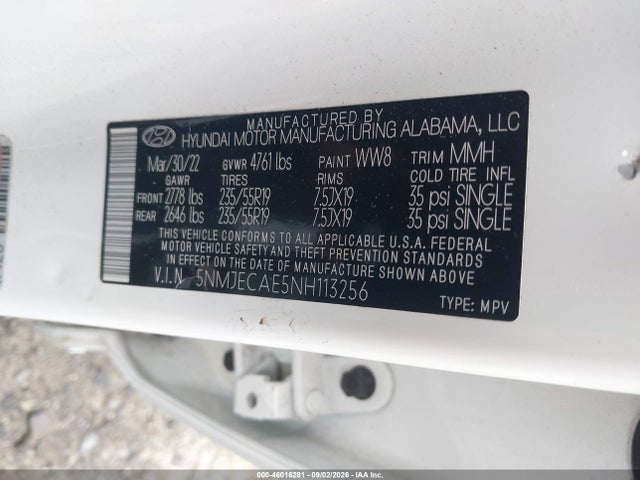 Auction sale of the 2022 Hyundai Tucson Limited, vin: 5NMJECAE5NH113256, lot number: 46016281