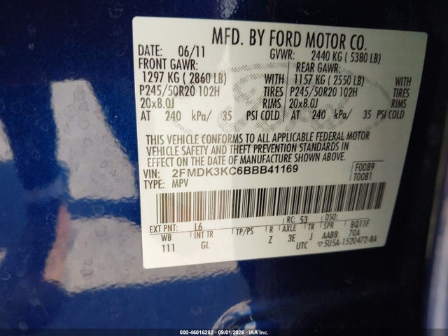 46016282 :رقم المزاد ، 2FMDK3KC6BBB41169 vin ، 2011 Ford Edge Limited مزاد بيع