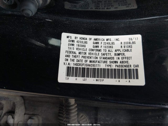2017 Honda Accord Lx მანქანა იყიდება აუქციონზე, vin: 1HGCR2F35HA285771, აუქციონის ნომერი: 46016284