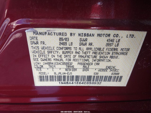 46016292 :رقم المزاد ، 1N4BA41E64C858932 vin ، 2004 Nissan Maxima 3.5 Se مزاد بيع
