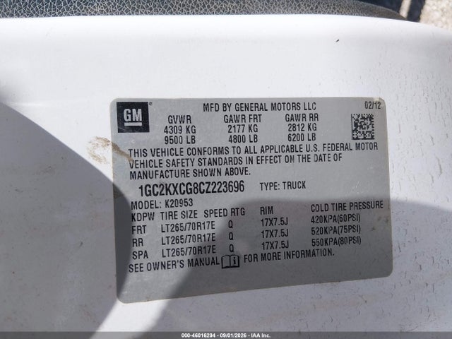 Продажа на аукционе авто 2012 Chevrolet Silverado 2500hd Lt, vin: 1GC2KXCG8CZ223696, номер лота: 46016294