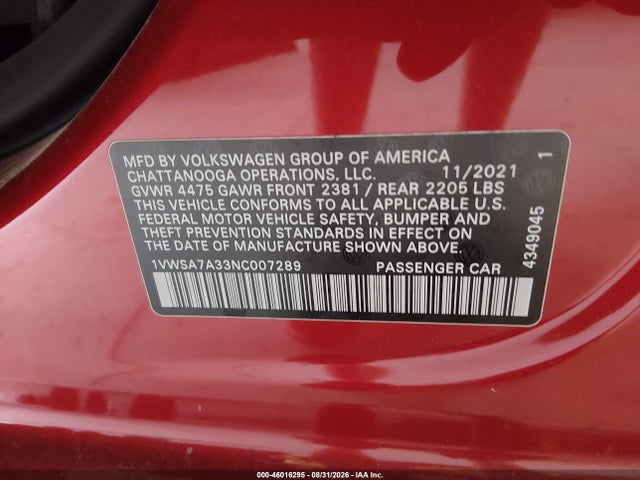 Продаж на аукціоні авто 2022 Volkswagen Passat 2.0t Se, vin: 1VWSA7A33NC007289, номер лоту: 46016295