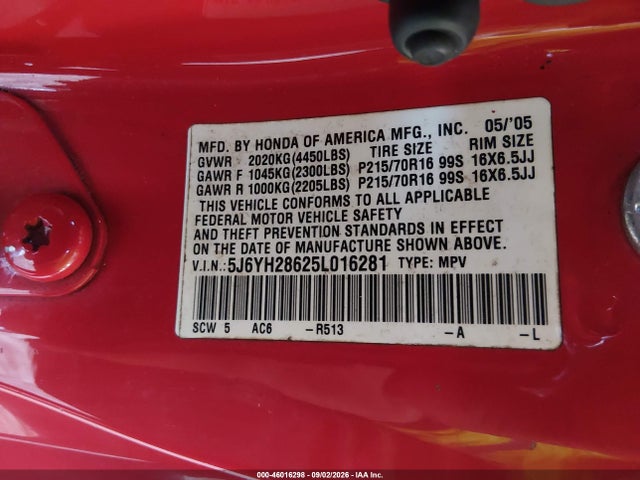 Продаж на аукціоні авто 2005 Honda Element Ex, vin: 5J6YH28625L016281, номер лоту: 46016298