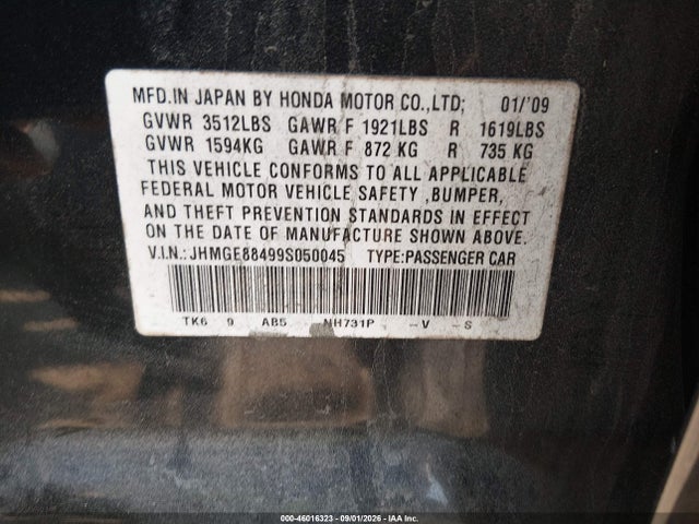 2009 Honda Fit Sport მანქანა იყიდება აუქციონზე, vin: JHMGE88499S050045, აუქციონის ნომერი: 46016323