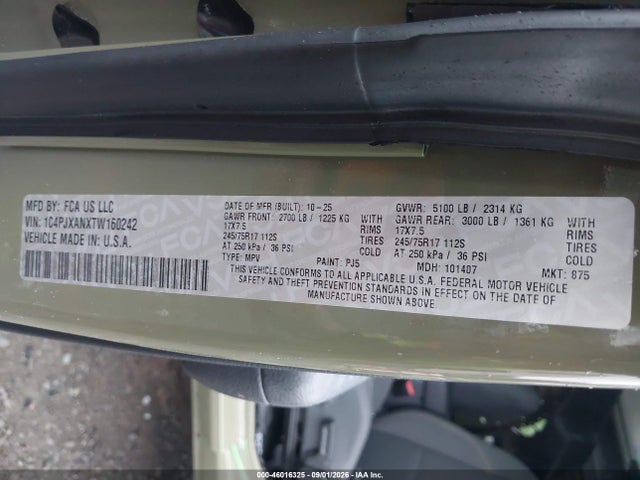 Aukcja sprzedaży 2026 Jeep Wrangler Sport 4x4, vin: 1C4PJXANXTW160242, numer aukcji: 46016325