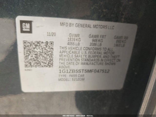 Продаж на аукціоні авто 2021 Chevrolet Malibu Fwd Ls, vin: 1G1ZB5ST5MF047512, номер лоту: 46016343