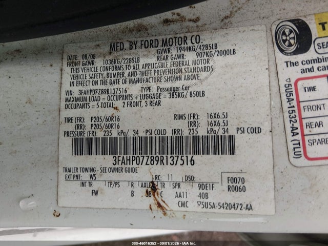 Продажа на аукционе авто 2009 Ford Fusion Se, vin: 3FAHP07Z89R137516, номер лота: 46016352