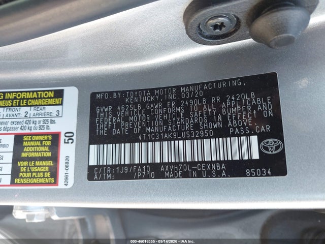 Продаж на аукціоні авто 2020 Toyota Camry Le Hybrid, vin: 4T1C31AK9LU532950, номер лоту: 46016355