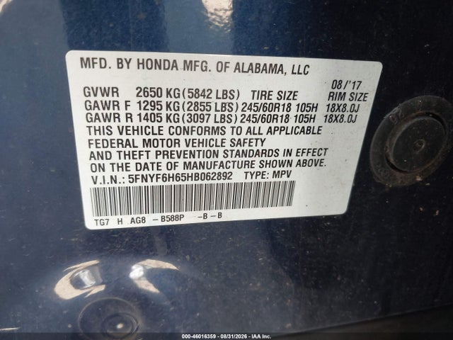 5FNYF6H65HB062892 Honda Pilot Ex-l