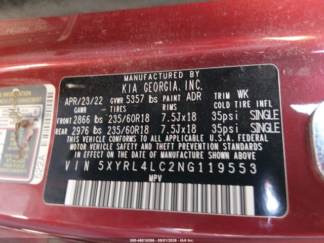 5XYRL4LC2NG119553 KIA SORENTO S