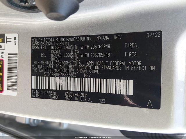 46016367 :رقم المزاد ، 5TDBZRBH4NS568603 vin ، 2022 Toyota Highlander Le مزاد بيع