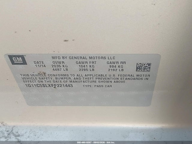 46016387 :رقم المزاد ، 1G11C5SLXFF221443 vin ، 2015 Chevrolet Malibu 1lt مزاد بيع