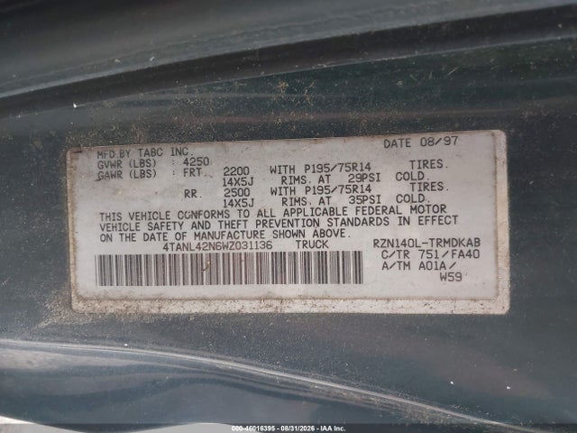 Продаж на аукціоні авто 1998 Toyota Tacoma, vin: 4TANL42N6WZ031136, номер лоту: 46016395