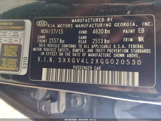 Aukcja sprzedaży 2016 Kia Optima Sxl Turbo, vin: 5XXGV4L2XGG020530, numer aukcji: 46016398