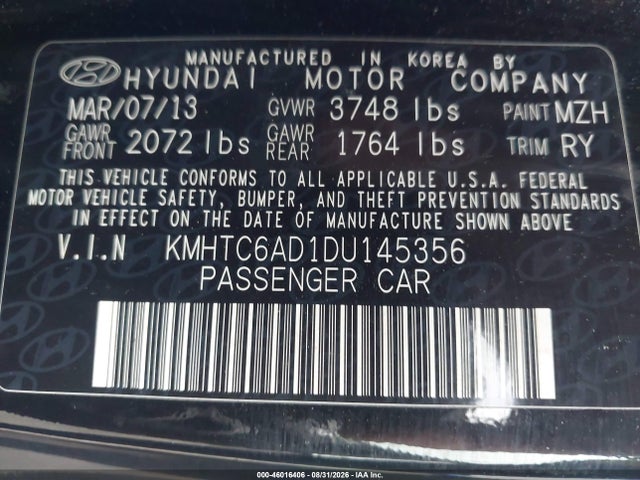 Aukcja sprzedaży 2013 Hyundai Veloster Base W/black, vin: KMHTC6AD1DU145356, numer aukcji: 46016406