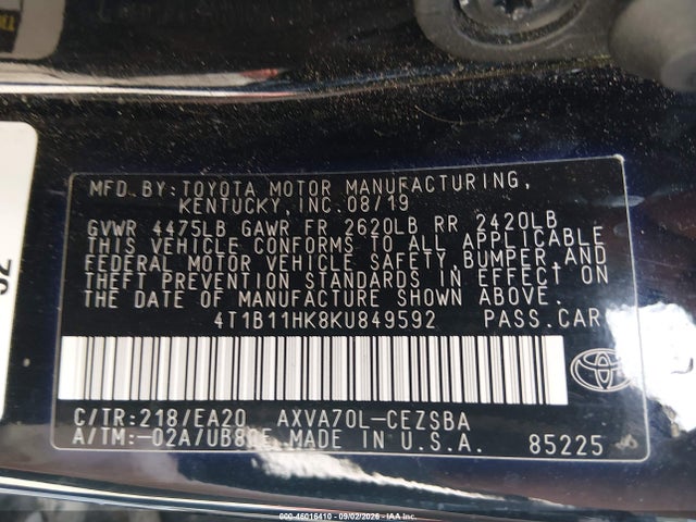 Продажа на аукционе авто 2019 Toyota Camry Se, vin: 4T1B11HK8KU849592, номер лота: 46016410