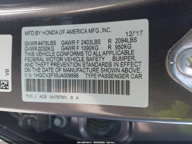 2018 Honda Accord Ex-l 2.0t მანქანა იყიდება აუქციონზე, vin: 1HGCV2F55JA009898, აუქციონის ნომერი: 46016413