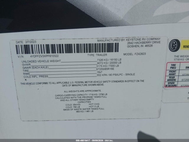 46016417 :رقم المزاد ، 4YDFFZV3XPF810322 vin ، 2023 Keystone Other مزاد بيع