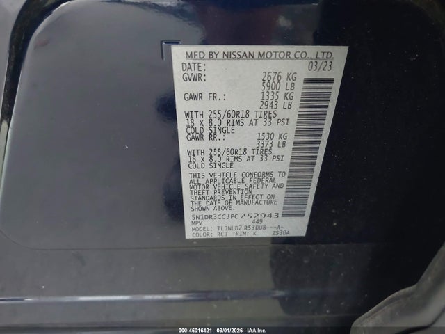 Aukcja sprzedaży 2023 Nissan Pathfinder Sl 4wd, vin: 5N1DR3CC3PC252943, numer aukcji: 46016421