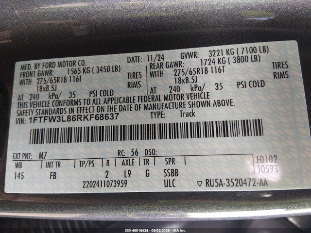 Aukcja sprzedaży 2024 Ford F-150 Xlt, vin: 1FTFW3L86RKF68637, numer aukcji: 46016434
