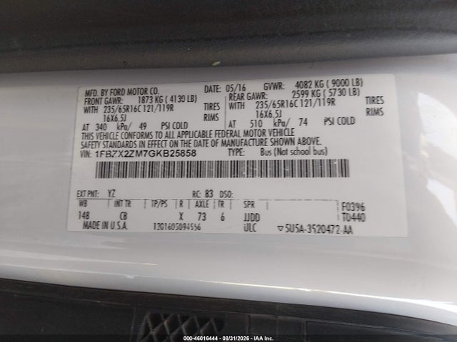 46016444 :رقم المزاد ، 1FBZX2ZM7GKB25858 vin ، 2016 Ford Transit-350 Xl مزاد بيع
