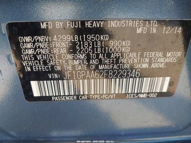 2015 Subaru Impreza 2.0i მანქანა იყიდება აუქციონზე, vin: JF1GPAA62F8229346, აუქციონის ნომერი: 46016451