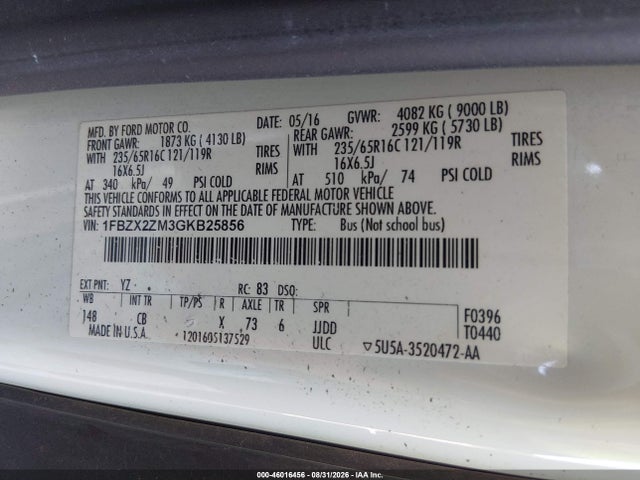 46016456 :رقم المزاد ، 1FBZX2ZM3GKB25856 vin ، 2016 Ford Transit-350 Xl مزاد بيع