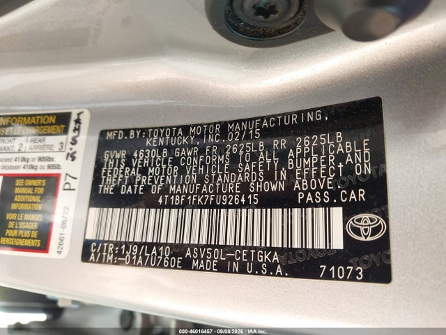 46016457 :رقم المزاد ، 4T1BF1FK7FU926415 vin ، 2015 Toyota Camry Xle مزاد بيع