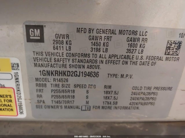 2016 Chevrolet Traverse Lt მანქანა იყიდება აუქციონზე, vin: 1GNKRHKD2GJ194636, აუქციონის ნომერი: 46016463