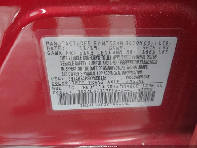 Aukcja sprzedaży 2019 Nissan Sentra Sv, vin: 3N1AB7AP3KY456136, numer aukcji: 46016467