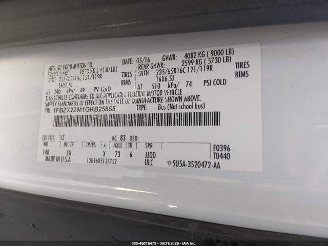 Продаж на аукціоні авто 2016 Ford Transit-350 Xl, vin: 1FBZX2ZM1GKB25855, номер лоту: 46016473