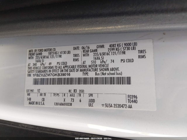 Продаж на аукціоні авто 2016 Ford Transit-350 Xl, vin: 1FBZX2ZM7GKB39016, номер лоту: 46016489