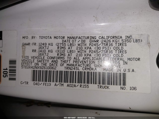 2009 Toyota Tacoma მანქანა იყიდება აუქციონზე, vin: 5TEUX42NX9Z610062, აუქციონის ნომერი: 46016497