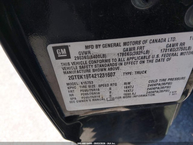 2002 Gmc Sierra 1500 Sle მანქანა იყიდება აუქციონზე, vin: 2GTEK19T421231607, აუქციონის ნომერი: 46016499