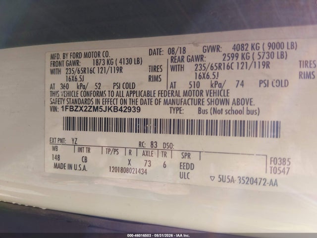 Продаж на аукціоні авто 2018 Ford Transit-350 Xl, vin: 1FBZX2ZM5JKB42939, номер лоту: 46016503