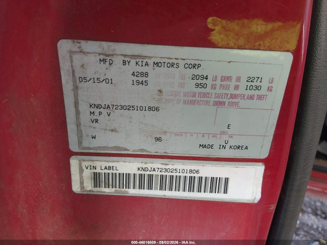 Aukcja sprzedaży 2002 Kia Sportage, vin: KNDJA723025101806, numer aukcji: 46016509
