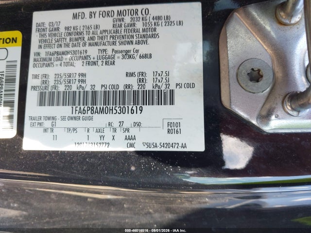 2017 Ford Mustang V6 მანქანა იყიდება აუქციონზე, vin: 1FA6P8AM0H5301619, აუქციონის ნომერი: 46016516
