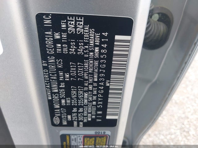 Продаж на аукціоні авто 2018 Kia Sorento 2.4l L, vin: 5XYPG4A39JG358414, номер лоту: 46016522