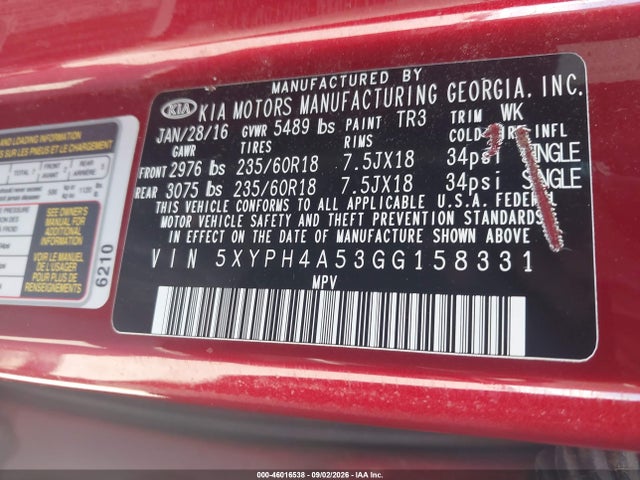Продажа на аукционе авто 2016 Kia Sorento 3.3l Ex, vin: 5XYPH4A53GG158331, номер лота: 46016538