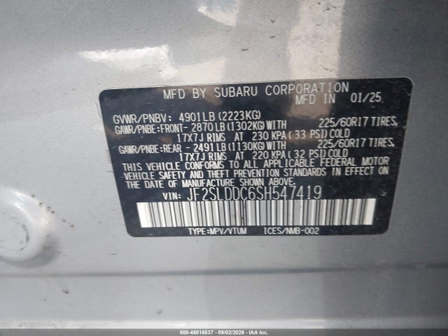 46016537 :رقم المزاد ، JF2SLDDC6SH547419 vin ، 2025 Subaru Forester Premium مزاد بيع