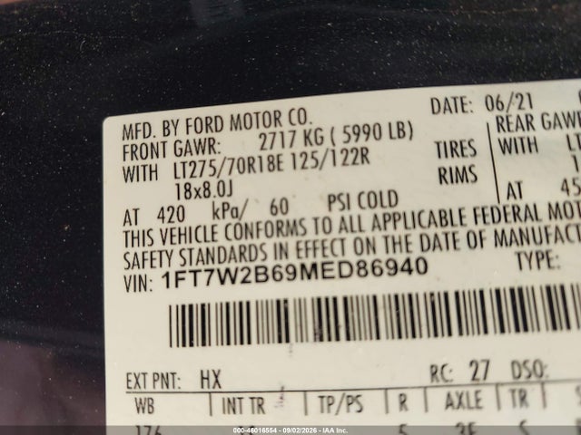 2021 Ford F-250 Xl მანქანა იყიდება აუქციონზე, vin: 1FT7W2B69MED86940, აუქციონის ნომერი: 46016554