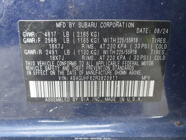 46016561 :رقم المزاد ، 4S4GUHF62R3820911 vin ، 2024 Subaru Crosstrek Sport مزاد بيع