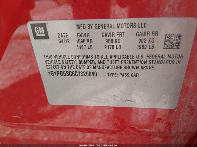 Продаж на аукціоні авто 2012 Chevrolet Cruze 2lt, vin: 1G1PG5SC6C7320040, номер лоту: 46016563